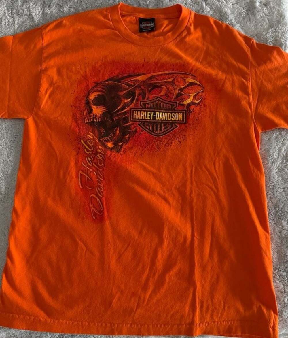Harley-Davidson Mann's Columbus IN Skull Flame Graphic T-Shirt Orange Large